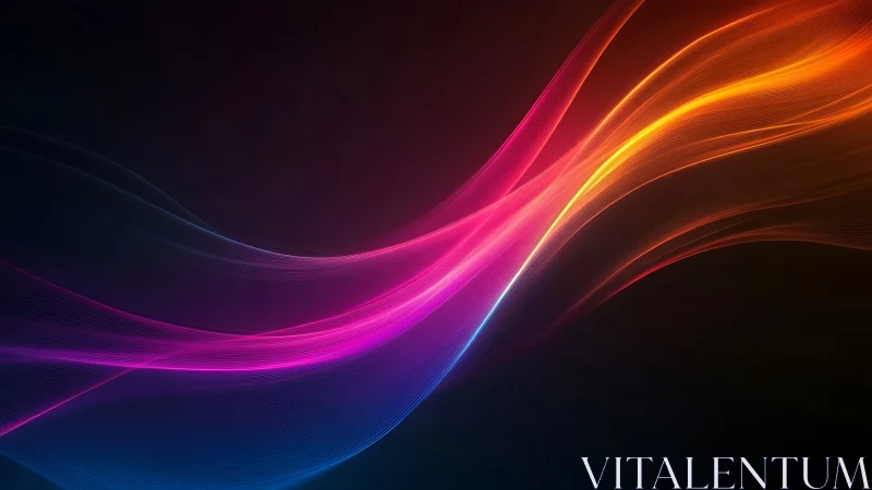 Chromatic light waves curve across a dark digital gradient field