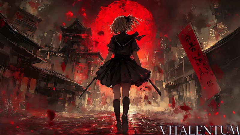 Girl with twin swords walks toward huge red moon in city