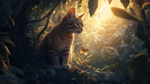 Golden Hour Discovery: Kitten Watches Butterflies in Enchanted Garden