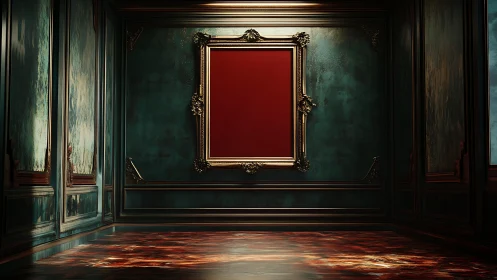Empty ornate frame in dark teal gallery interior space.