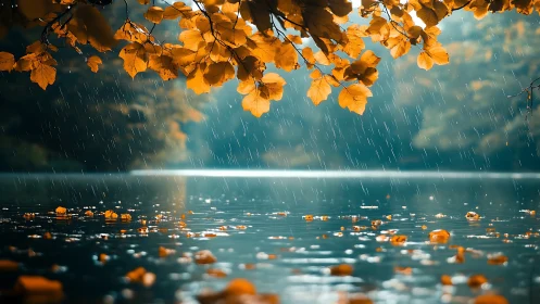 Autumn foliage over calm water surface in rainfall conditions.