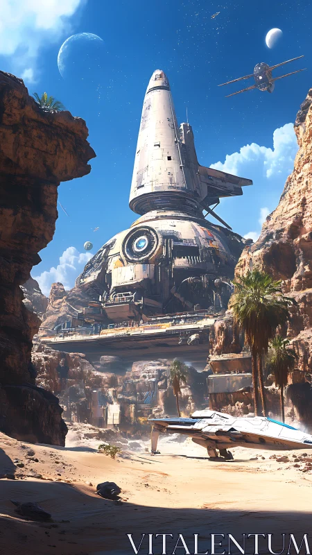 Desert canyon starport integrates monumental retro-futurist launcher