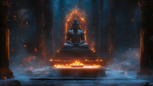 Luminous stone deity in infernal blue temple chamber, frontal view