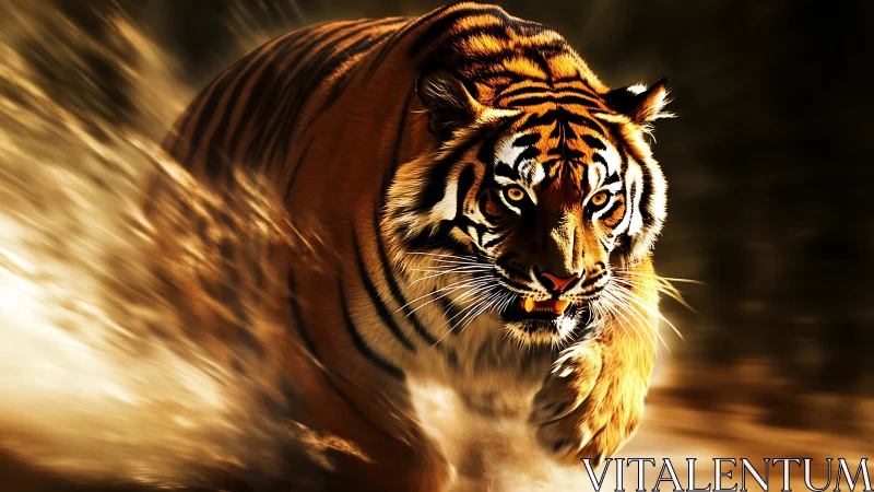 Tiger outruns the light in a storm of golden dust