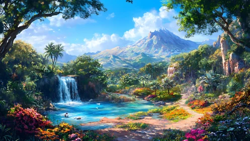Sunlit waterfall valley with bright blooms and quiet paths.