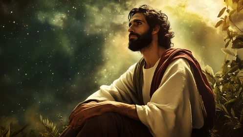 Meditative robed figure under volumetric celestial light field.