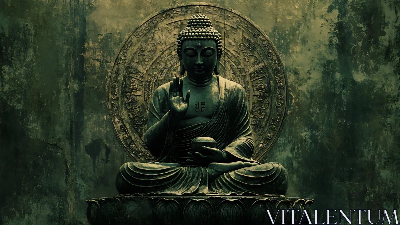 Bronze Buddha statue sits before ornate circular mandala