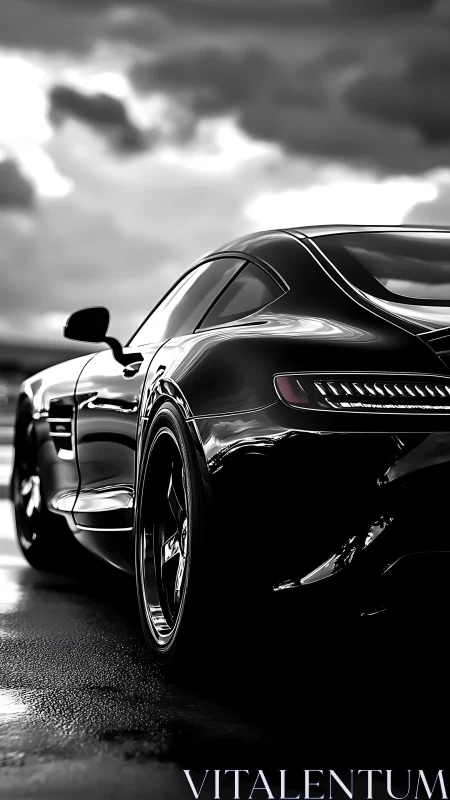 Monochrome sports coupe on wet asphalt under storm clouds.