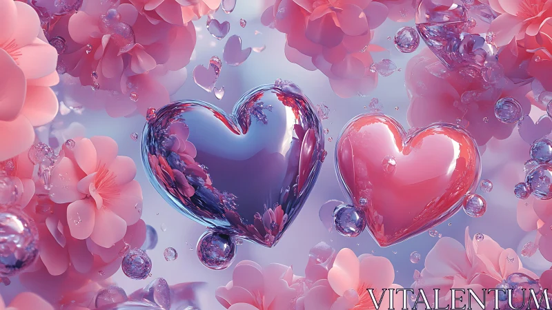 Glass Hearts Surrounded by Blooms in Dreamy Pink.