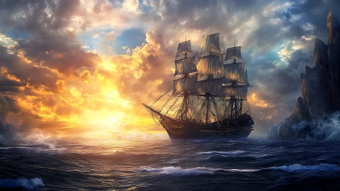 Three-masted sailing ship transits rough sea at sunset