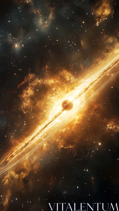 Digital painting of stellar collision across luminous accretion plane.