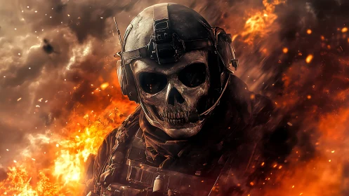 Fearless skull-masked warrior framed by blazing firestorm.