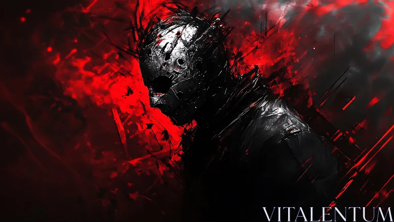 Brooding masked figure in swirling red and shadowed chaos.