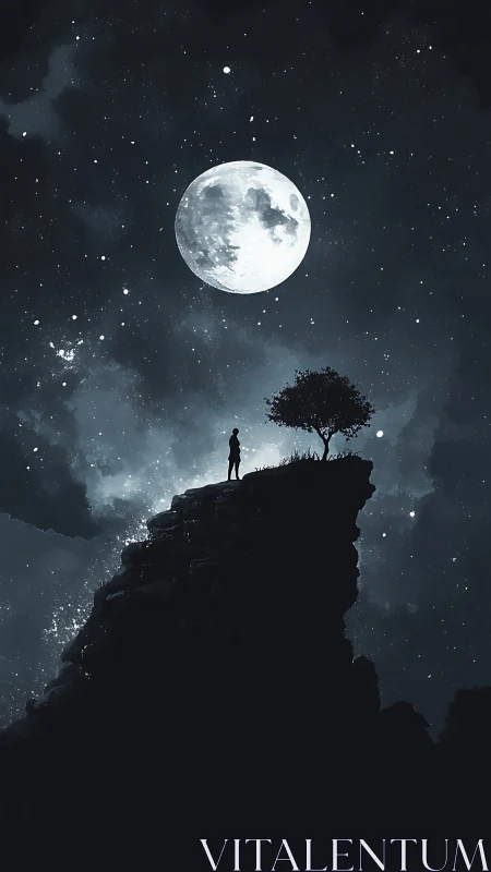 Lone figure on moonlit cliff gazes into a vast starry sky.