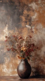 Dried botanical arrangement in dark vase against mottled wall.