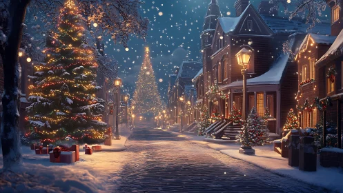 Photorealistic snowy street with illuminated Christmas decor.