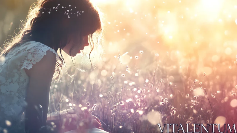 Softly glowing girl in a sunlit meadow of gentle dreams.