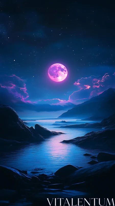 Neon moon drapes a midnight cove in violet-tide whispers