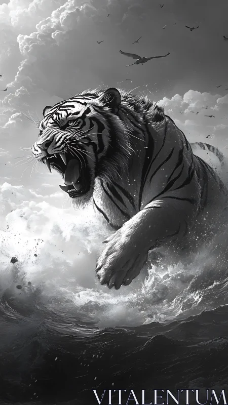 Monochrome tiger charge through storm waves and sky flock.