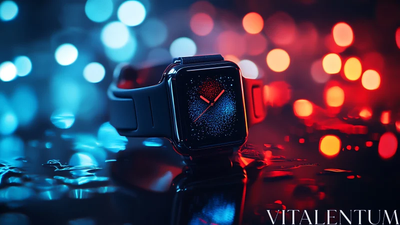 Smartwatch on wet surface with vivid blue and red bokeh.