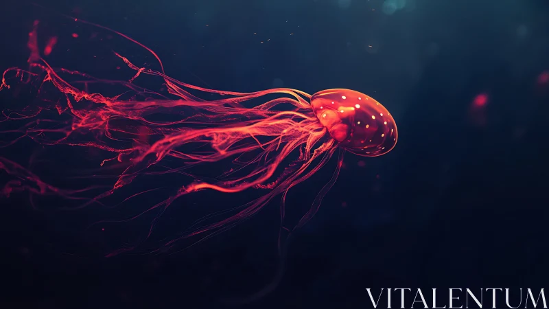 Neon jellyfish pirouettes through midnight water like fire