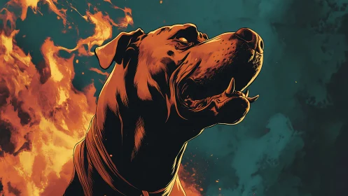 Heroic canine portrait rendered in dramatic firelit contrast