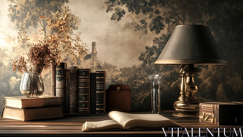 Still life of books, lamp, and dried flowers on wooden desk.