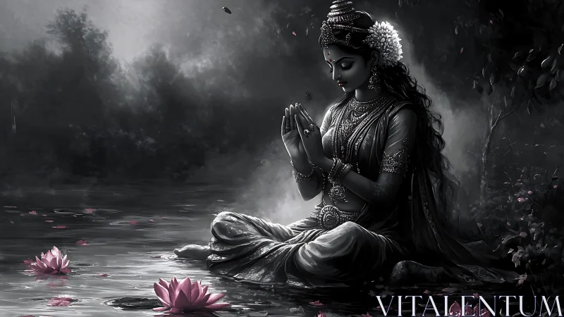 Moonlit lotus goddess in tranquil grayscale river dreamscape.