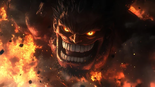 Giant fiery humanoid face emerging from dense flames.