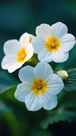 White Flowers with Yellow Centers Against Dark Green Background