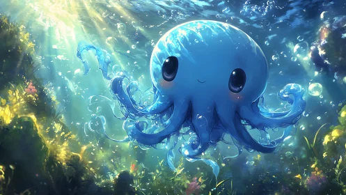 Cute blue cartoon octopus floating in bright seawater.