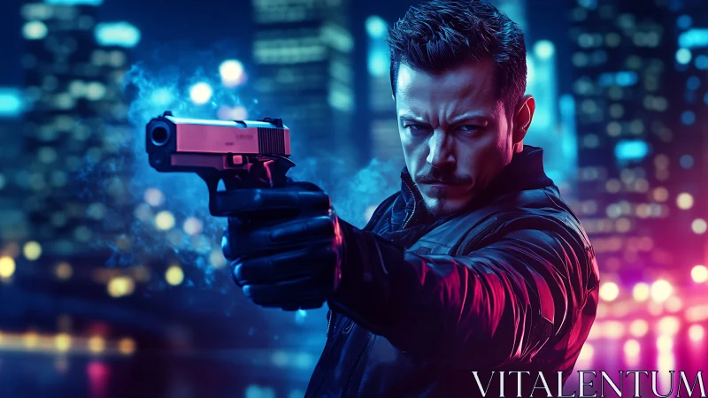 Man extends handgun toward viewer in neon-lit urban setting