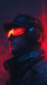Neon-bathed cyber scout gazes through burning red visors.
