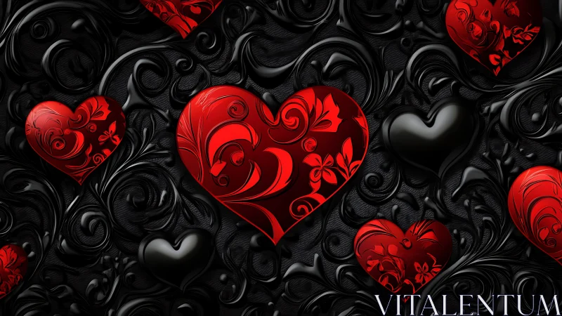 Red and Black Ornamental Hearts Pattern