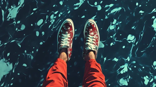 Patterned sneakers hover over shimmering teal water surface