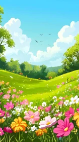 Digital painting of a lush wildflower meadow under clear sky.
