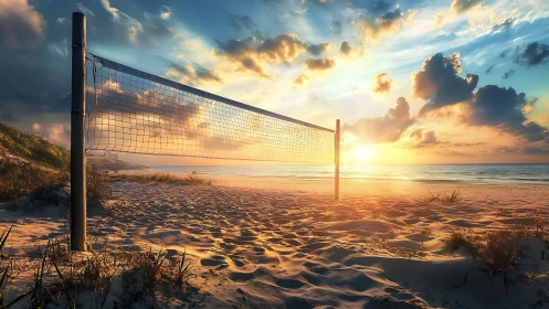 Beach volleyball net on sandy shoreline at sunset.