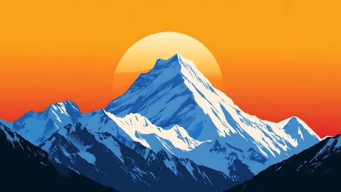 Sunlit mountain peak rises calmly into a glowing orange sky