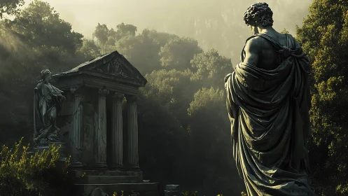 Classical stone statues overlooking forest temple ruin.