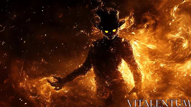 Fiery top-hatted demon silhouette emerging from swirling inferno.