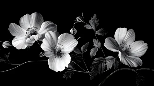 Delicate Cosmos Flowers in Monochromatic Botanical Study