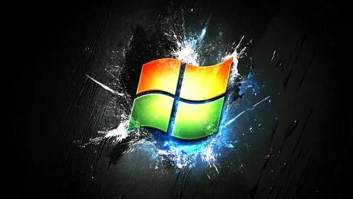 Windows logo bursts from dark surface with neon energy.