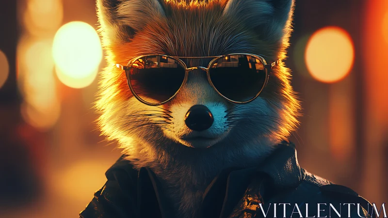 Anthropomorphic fox portrait uses neon bokeh and cinematic rim light
