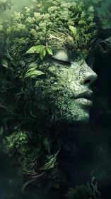 Vegetation encrusted human face merging with dense foliage.