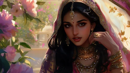 Digital portrait renders jeweled South Asian bride in floral light