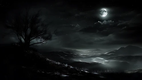 Moonlit barren landscape glows under a brooding night sky