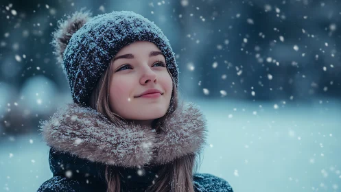Young woman smiles softly as snow falls in winter calm