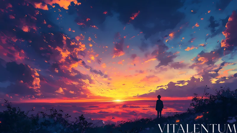 Solitary figure watches blazing, cloud-swept sunset horizon.