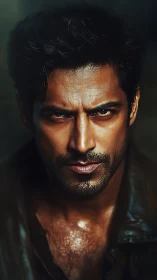 Smoldering male portrait under intense cinematic lighting.