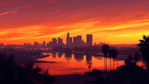 Sunset city skyline with river and palm silhouettes view.